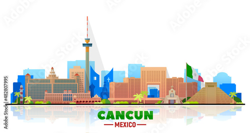 Cancun city ( Mexico ) skyline on a white background. Flat vector illustration. Business travel and tourism concept with modern buildings. Image for banner or website.