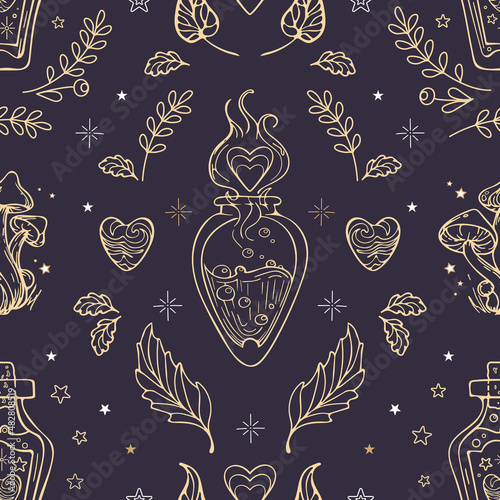 Pattern in vintage style for Valentines Day. Boiling magic witch love potion in a vial, heart shaped steam, star magic mushrooms. For wallpaper, printing on fabric, wrapping, background.
