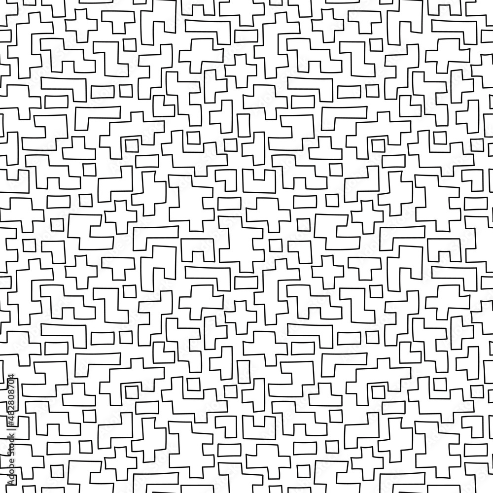 Hand drawn seamless pattern with abstract geometric brick puzzle elements, black and white texture. Hand drawn seamless pattern with abstract geometric brick puzzle elements, black and white texture.