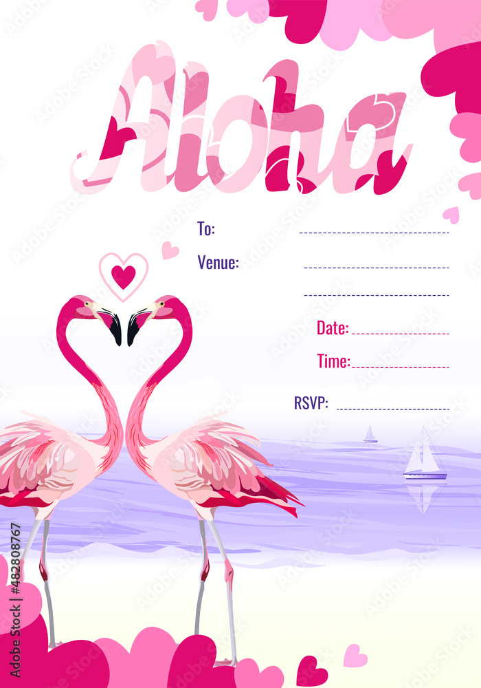 Fototapeta premium Two flamingos in love with lettering Aloha and hearts on the background of the sea. illustration for party invitation. Negative space trend.