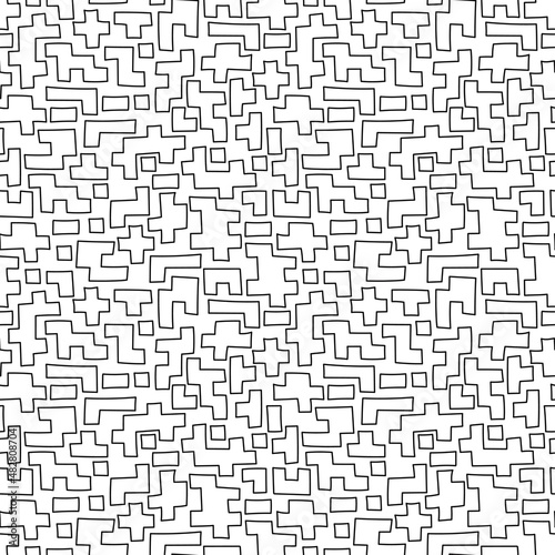 Hand drawn seamless pattern with abstract geometric brick puzzle elements, black and white texture.