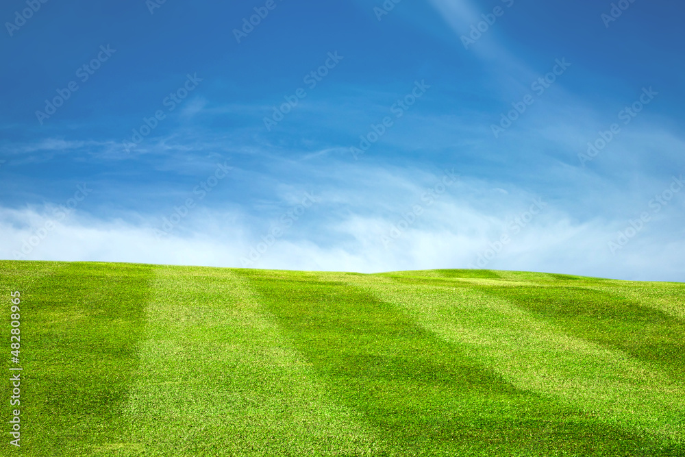 Fototapeta premium Green grass mountain landscape in summer with beautiful blue sky and white clouds. nature background