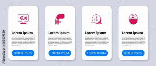 Set Fishing bucket with fish, hook, Outboard boat motor and Location fishing. Business infographic template. Vector