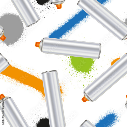 Seamless pattern of steel spray cans and color spray paint on a white background. Vector illustration