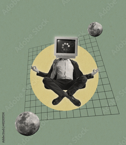 Contemporary art collage. Man, businessman in suit headed with retro computer sitting in yoga lotus pose isolated over abstract background