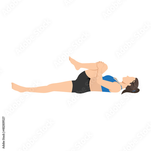 Woman doing pawanmuktasana wind release pose exercise. Flat vector illustration isolated on white background