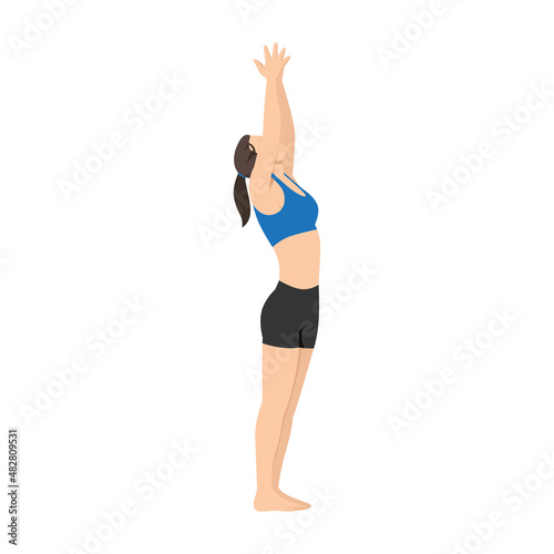 Woman doing Upward salute pose urdhva hastasana exercise. Flat vector illustration isolated on white background
