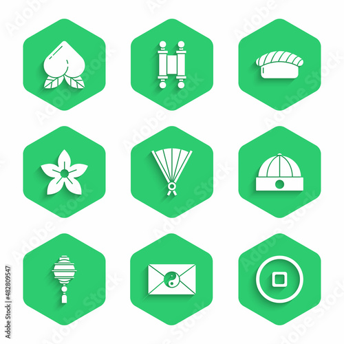 Set Paper chinese folding fan, Yin Yang and envelope, Chinese Yuan currency, hat, paper lantern, Lotus flower, Sushi and Peach fruit icon. Vector