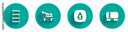 Set Barrel oil, Oil platform in the sea, drop with dollar symbol and railway cistern icon with long shadow. Vector