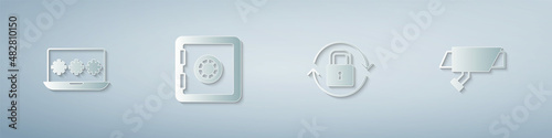 Set Laptop with password, Safe, Lock and Security camera. Paper art style. Vector