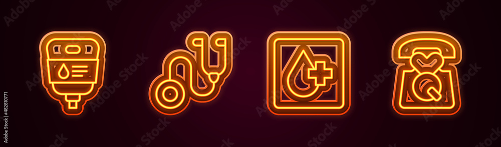 Set line IV bag, Stethoscope, Blood test and Emergency call 911. Glowing neon icon. Vector Set line IV bag, Stethoscope, Blood test and Emergency call 911. Glowing neon icon. Vector