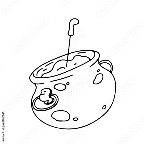 The logo of a medieval metal porridge pot. Isolated vector black line element. 