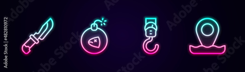 Set line Knife, Bomb, Spring scale and Location fishing. Glowing neon icon. Vector