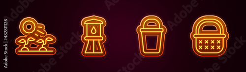 Set line Plant sprouts grow in the sun, Water tower, Bucket and Wicker basket. Glowing neon icon. Vector