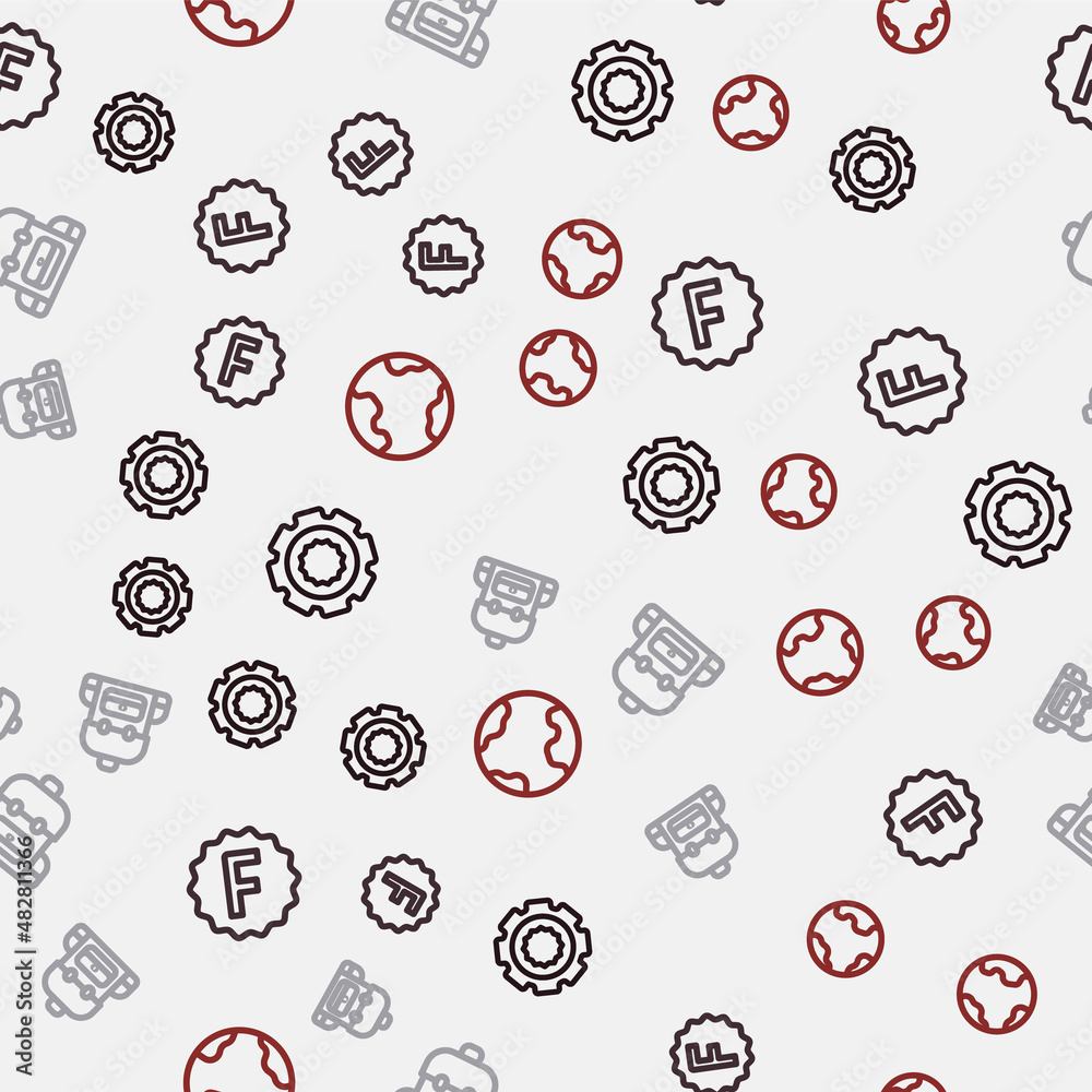 Set line Gear, Exam paper with incorrect answers, School backpack and Earth globe on seamless pattern. Vector