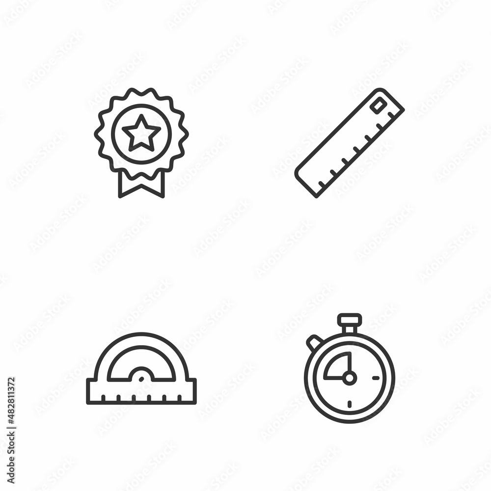 Set line Stopwatch, Protractor grid, Medal with star and Ruler icon. Vector Set line Stopwatch, Protractor grid, Medal with star and Ruler icon. Vector