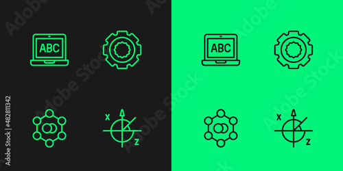 Set line Trigonometric circle, Molecule, Laptop and Gear icon. Vector