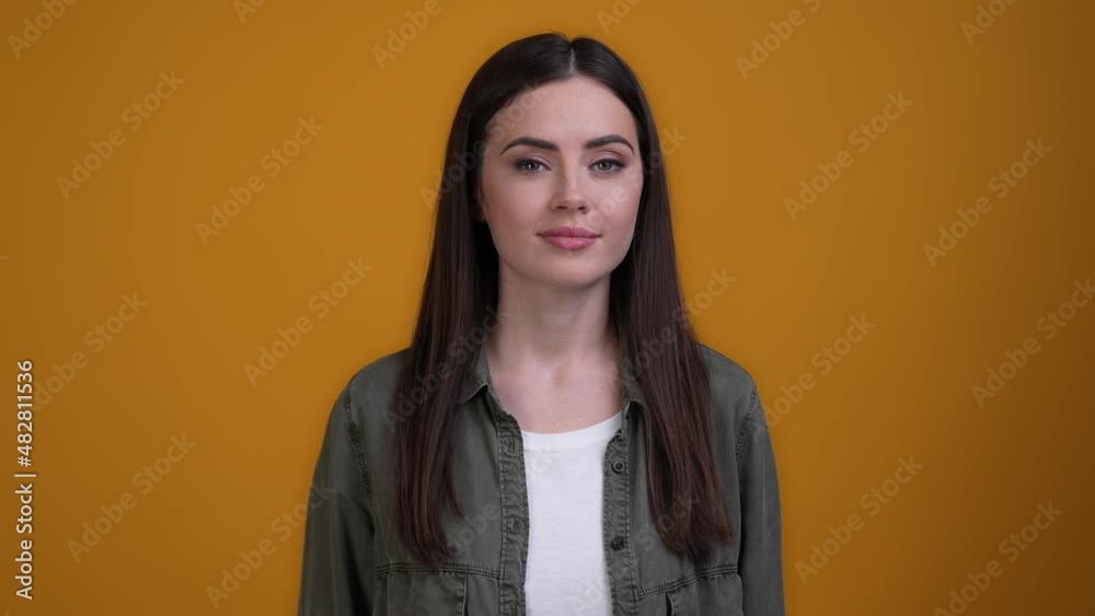 Doubtful lady point her eyes follow isolated bright color background Doubtful lady point her eyes follow isolated bright color background