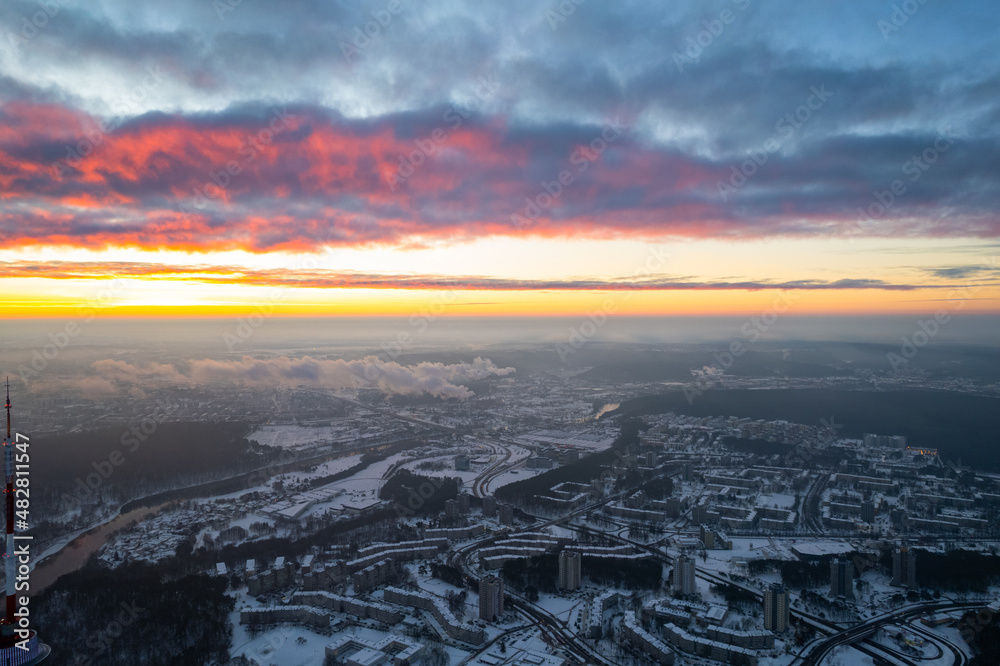Aerial winter sunny morning sunrise view Vilnius, Lithuania
