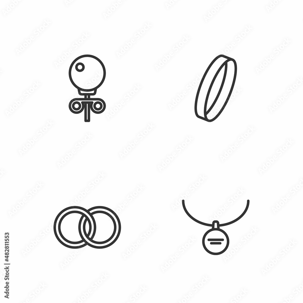 Set line Locket on necklace, Wedding rings, Stud earrings and icon. Vector