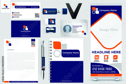 Corporate Branding identity template. Modern Stationery template design with roll-up banner. Vector illustration