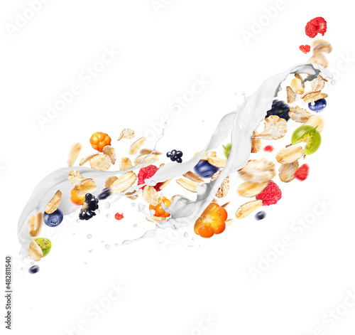 Oat flakes with berries in a splashes of milk on a white background