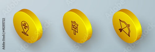Set Isometric line Crusade, Medieval flag and bow and arrow icon. Vector