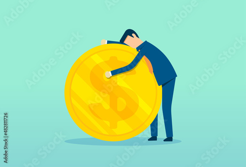 businessman hugging his winnings, making money, economic support, fixing financial problems