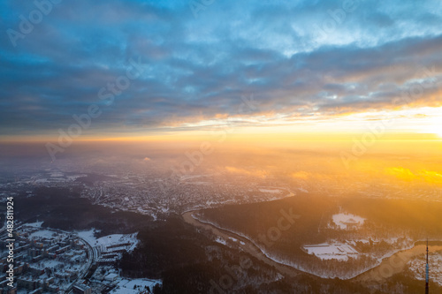 Aerial winter sunny morning sunrise view Vilnius, Lithuania