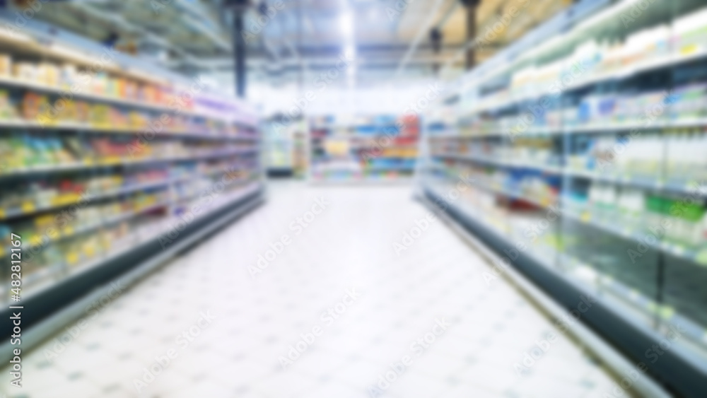 Abstract blur image of supermarket background. Defocused shelves with food. Dairy products. Grocery Store. Retail industry. Rack. Discount price. Inflation and economic crisis concept. Shopper demand.