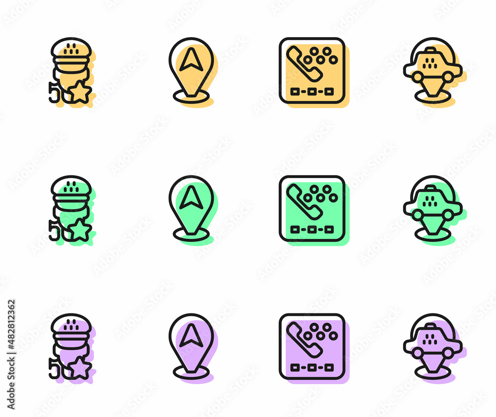 Set line Taxi call telephone service, rating, Location taxi car and icon. Vector Set line Taxi call telephone service, rating, Location taxi car and icon. Vector