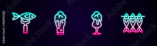 Set line Dried fish, Glass of beer, and . Glowing neon icon. Vector