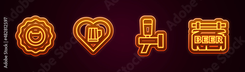 Set line Bottle opener, Heart with glass of beer, Beer tap and Street signboard. Glowing neon icon. Vector