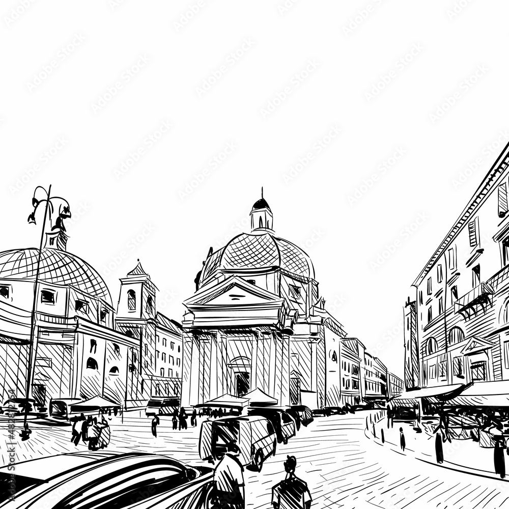 City hand drawn. Street sketch, vector illustration