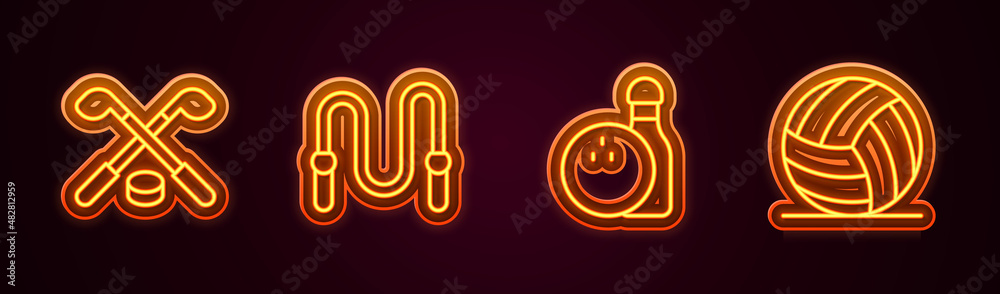 Obraz premium Set line Ice hockey sticks and puck, Jump rope, Bowling pin ball and Volleyball. Glowing neon icon. Vector