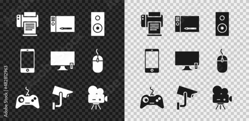 Set Printer, Graphic tablet, Stereo speaker, Gamepad, Security camera, Retro cinema, Smartphone, mobile phone and Tv icon. Vector