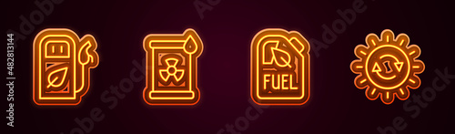Set line Petrol or gas station, Radioactive waste in barrel, Bio fuel canister and Solar energy panel. Glowing neon icon. Vector