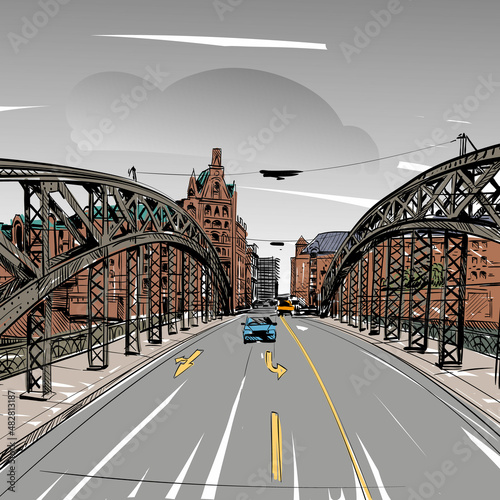 Hand drawn bridge, city sketch, vector illustration