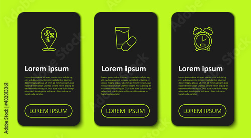 Set line Sleepy, Sleeping pill and Alarm clock. Business infographic template. Vector