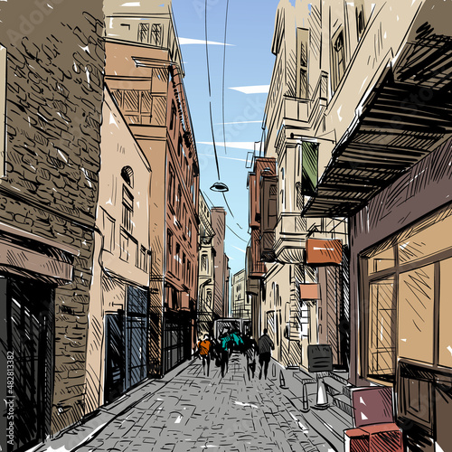 City hand drawn. Street sketch, vector illustration