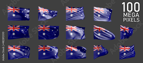 Australia flag isolated - various pictures of the waving flag on grey background - object 3D illustration