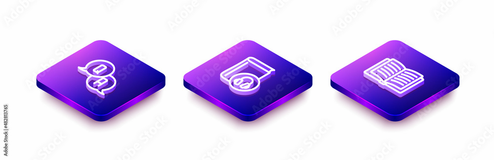 Set Isometric line Question and Answer, Audio book and Open icon. Vector Set Isometric line Question and Answer, Audio book and Open icon. Vector