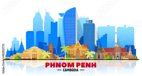 Phnom Penh (Cambodia) skyline at white background. Flat vector illustration. Business travel and tourism concept with modern buildings. Image for banner or website.