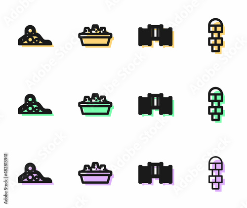Set line Swedish wall, Slide playground, Sandbox with sand and Hopscotch icon. Vector