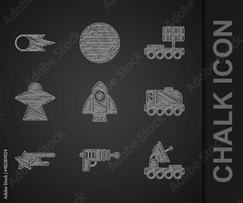 Set Rocket ship, Ray gun, Mars rover, Falling star, UFO flying spaceship, and Comet falling down fast icon. Vector