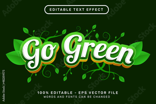 go green text effect with leaf ornament, 3d text effect and editable text effect