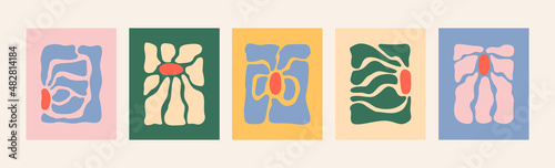  Abstract colorful hand drawn plants. Trendy set of floral prints. Infantile naive style art. Vector illustration