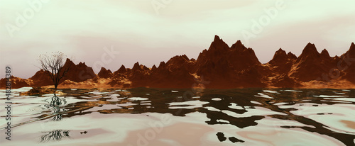 3d scene design of mountains and river, tree on islet. Beautiful landscape with mountain views.