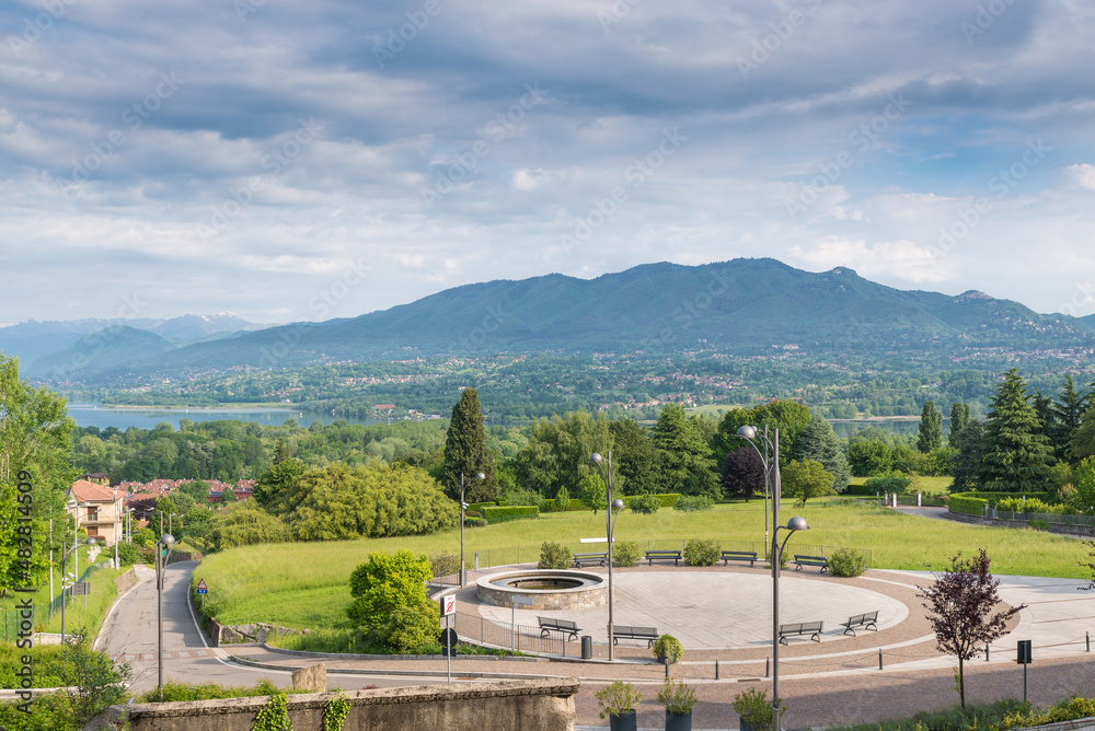 Panorama of the mountain Campo dei Fiori, regional park, and Varese lake, north Italy. View that sweeps from the town of Gavirate (on the left) to the gates of the city of Varese (on the right)