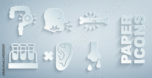 Set Deaf, Bone pain, Test tube with blood, Runny nose, Man coughing and Gut constipation icon. Vector